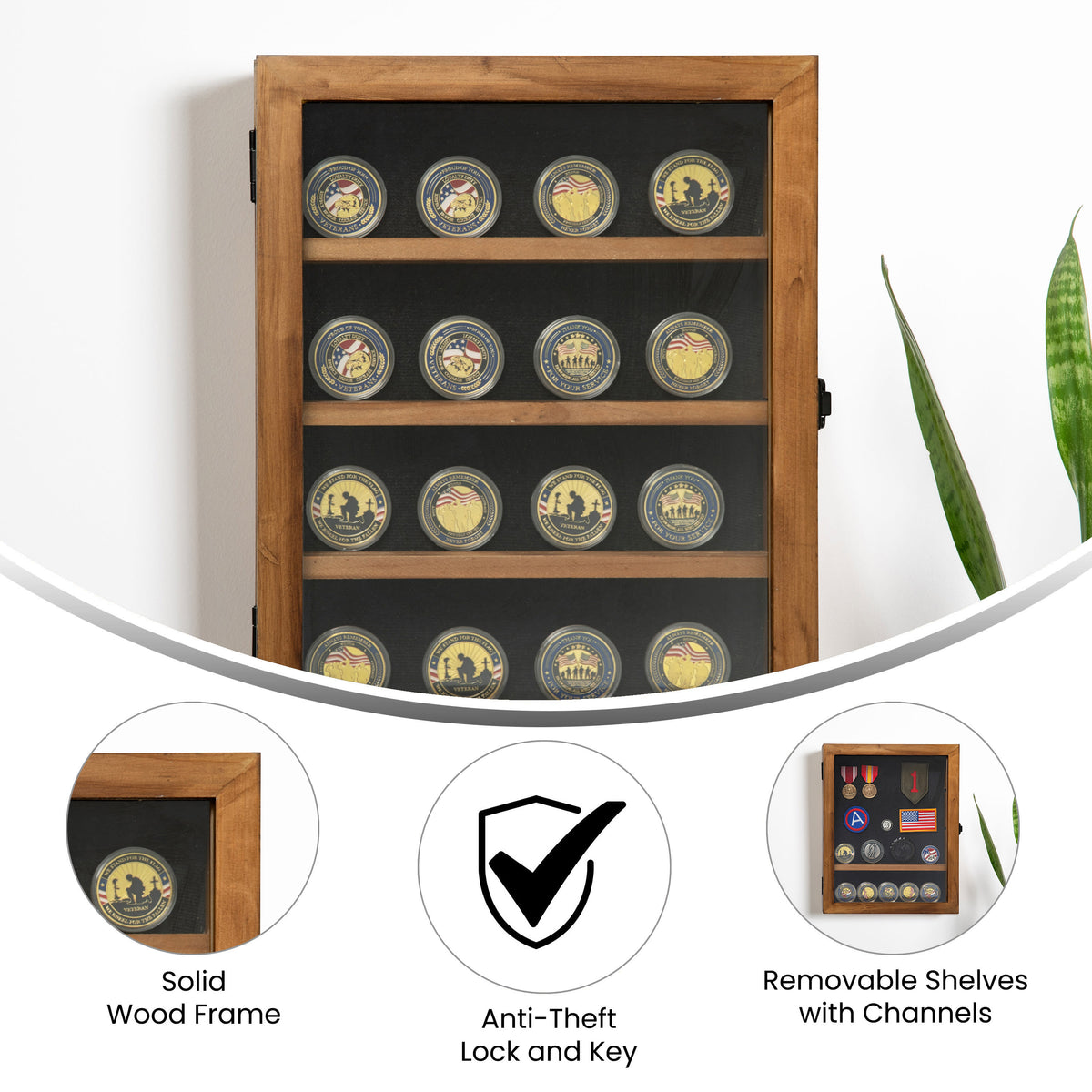 Rustic Brown,11.5"W x 2.75"D x 14"H |#| Wooden Medals Display Case with 3 Removable Shelves in Rustic Brown - 11x14