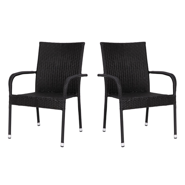 Black |#| Indoor/Outdoor Stacking Steel Framed Black Wicker Dining Armchairs - 2 Pack