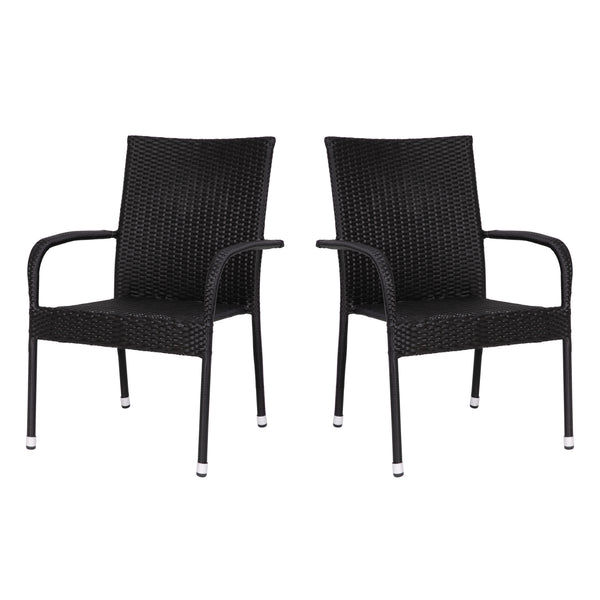 Black |#| Indoor/Outdoor Stacking Steel Framed Black Wicker Dining Armchairs - 2 Pack