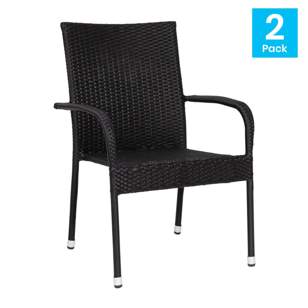 Black |#| Indoor/Outdoor Stacking Steel Framed Black Wicker Dining Armchairs - 2 Pack