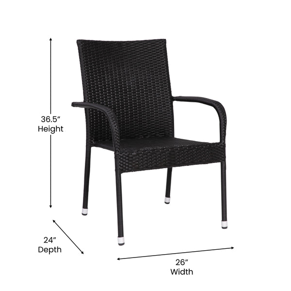 Black |#| Indoor/Outdoor Stacking Steel Framed Black Wicker Dining Armchairs - 2 Pack