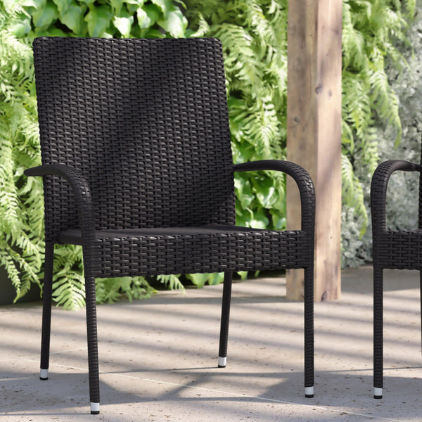 Black |#| Indoor/Outdoor Stacking Steel Framed Black Wicker Dining Armchairs - 2 Pack