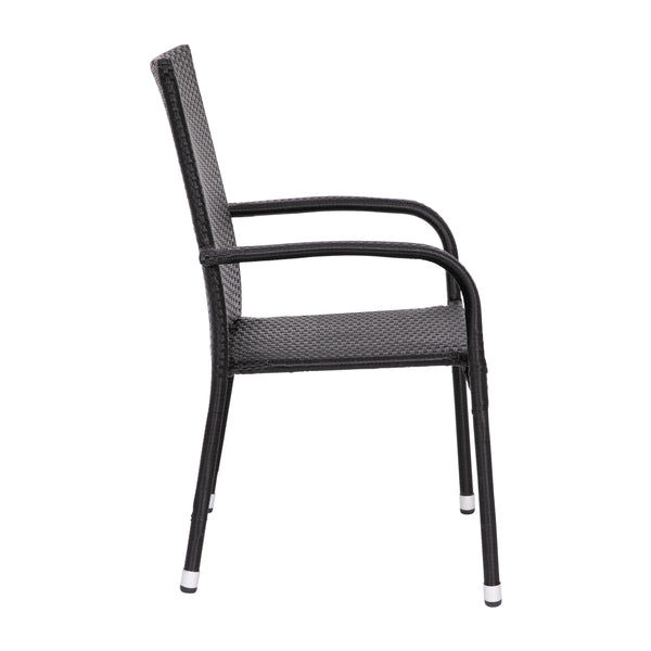 Black |#| Indoor/Outdoor Stacking Steel Framed Black Wicker Dining Armchairs - 2 Pack