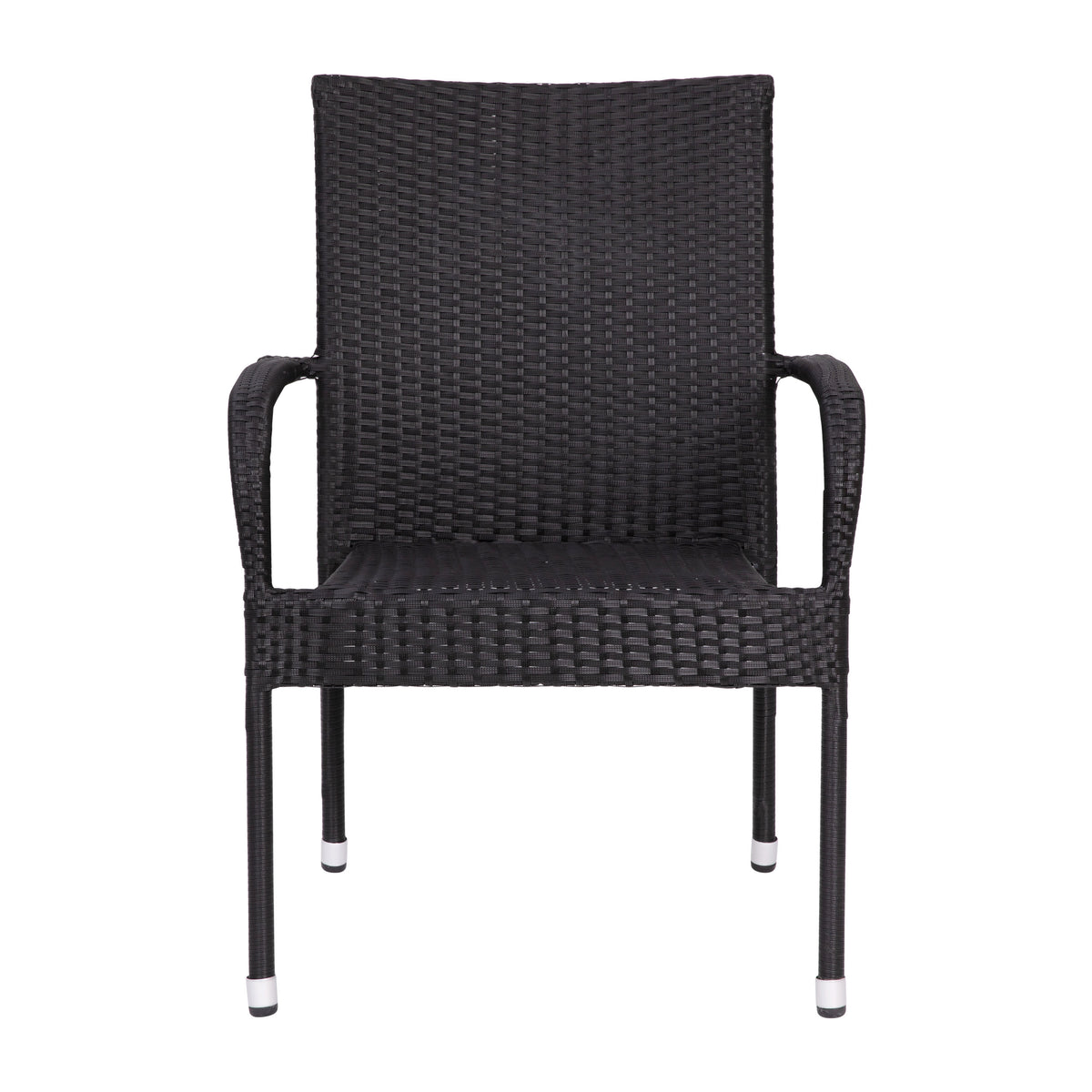 Black |#| Indoor/Outdoor Stacking Steel Framed Black Wicker Dining Armchairs - 2 Pack