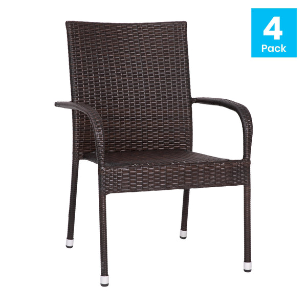 Espresso |#| Indoor/Outdoor Stacking Steel Framed Espresso Wicker Dining Armchairs - 4 Pack