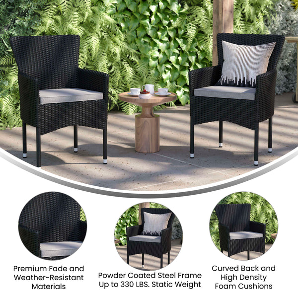 Black/Gray |#| Indoor/Outdoor Black Wicker Wrapped Steel Frame Patio Chairs & Cream Cushions