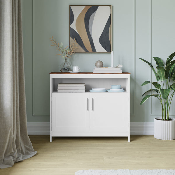 Walnut Top/White Frame |#| Classic Sideboard and Buffet Cabinet with Open and Closed Storage - White/Walnut