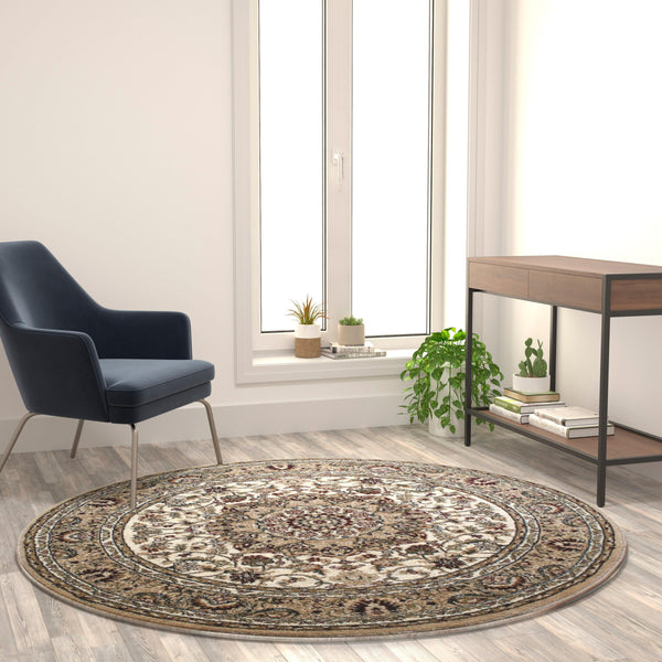 Ivory,5' Round |#| Multipurpose Ivory Persian Style Olefin Medallion Motif Area Rug - 5x5 Round