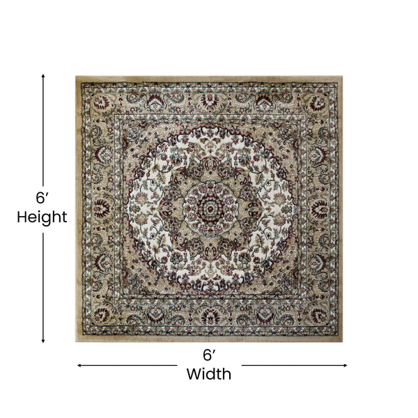 Ivory,5' Square |#| Multipurpose Ivory Persian Style Olefin Medallion Motif Area Rug - 5x5 Square