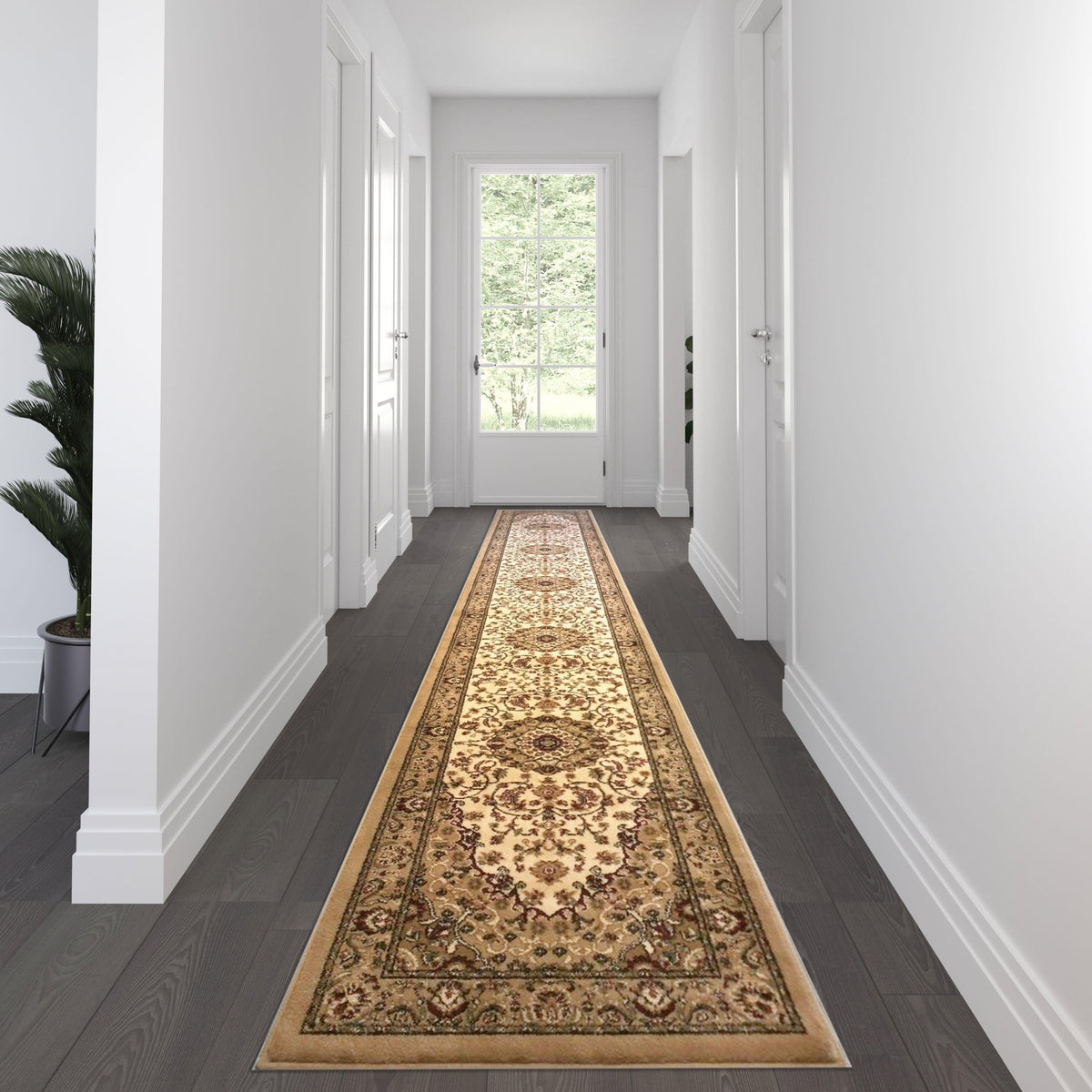Ivory,3' x 20' |#| Multipurpose Persian Style Olefin Medallion Motif Area Rug in Ivory - 3' x 20'