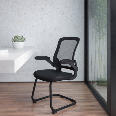 Mesh Sled Base Side Reception Chair with Flip-Up Arms - View 2