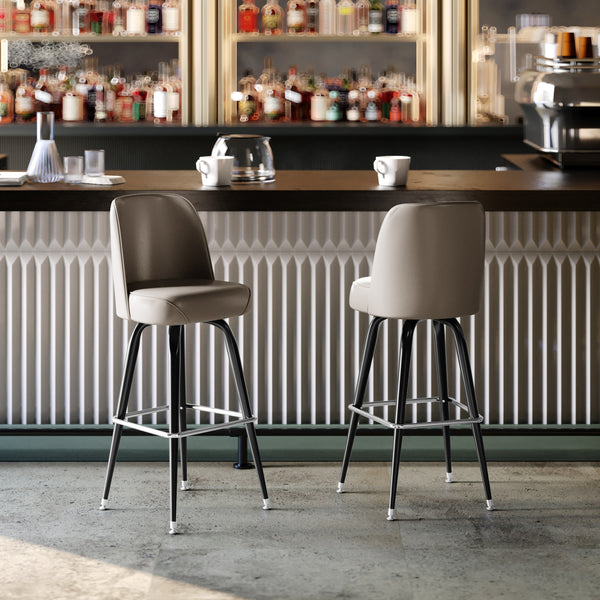 Beige |#| Metal Bar Stool with Swivel Vinyl Bucket Seat and Footrest in Beige