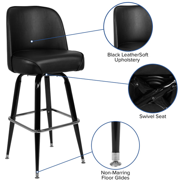 Metal Barstool with Swivel Black Vinyl Upholstered Bucket Seat and Footrest