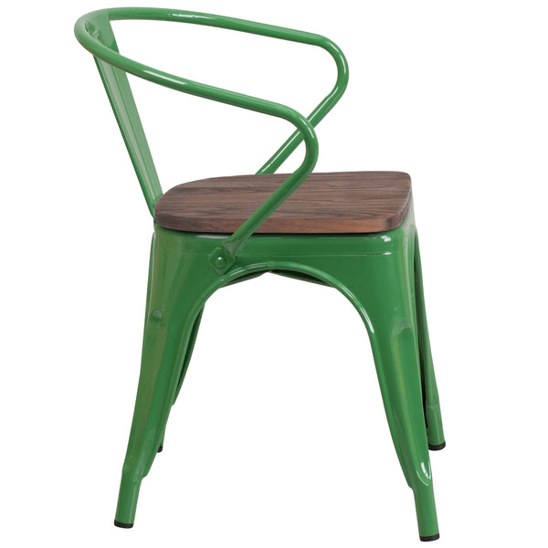 Green |#| Green Metal Chair with Wood Seat and Arms - Restaurant Furniture