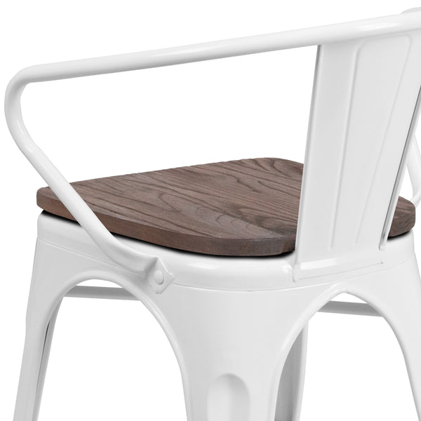 White |#| White Metal Chair with Wood Seat and Arms - Restaurant Furniture