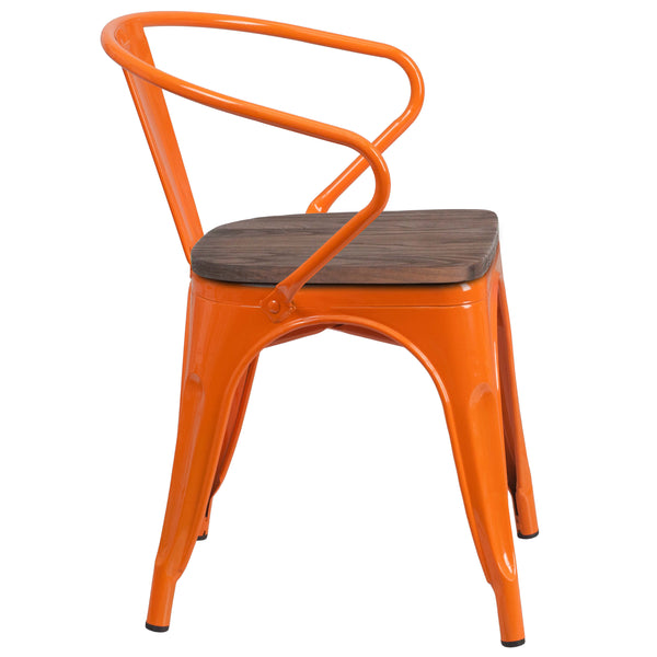 Orange |#| Orange Metal Chair with Wood Seat and Arms - Restaurant Furniture