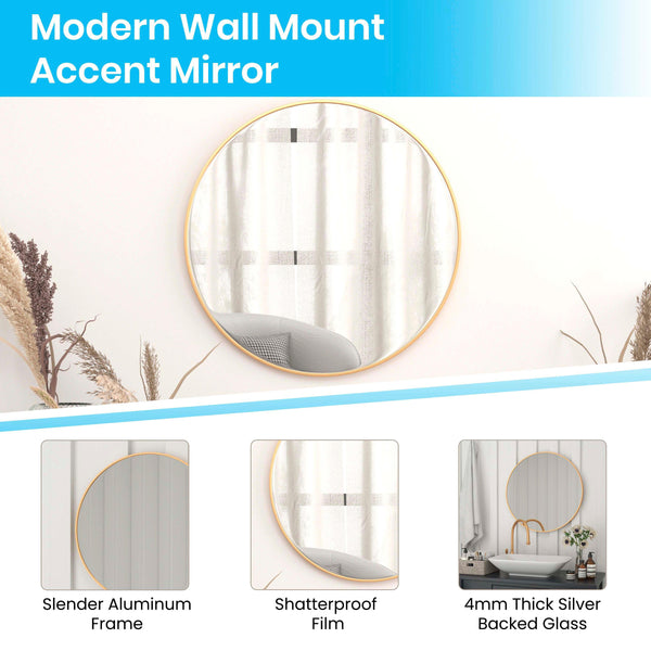 Gold,30" Round |#| Accent Wall Mount Mirror with Gold Aluminum Frame - 30" Round Wall Mirror