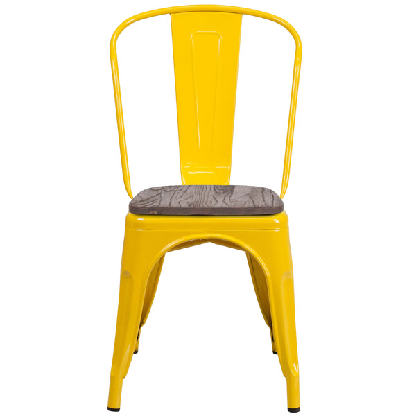 Yellow |#| Yellow Metal Stackable Chair with Wood Seat - Restaurant Chair - Bistro Chair