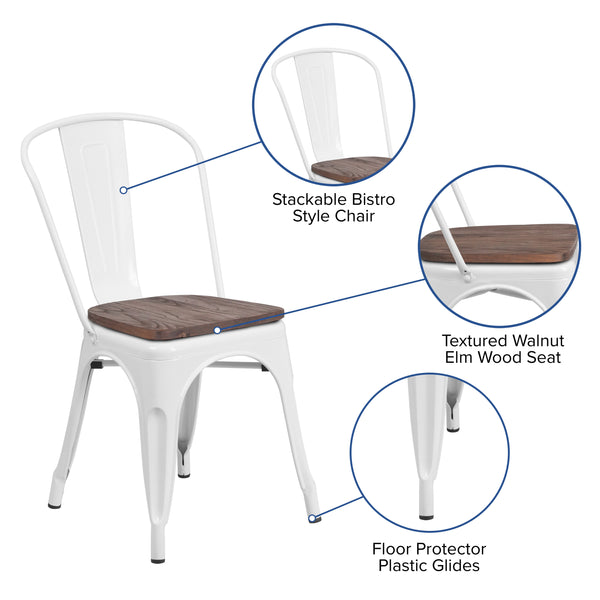 White |#| White Metal Stackable Chair with Wood Seat - Restaurant Chair - Bistro Chair