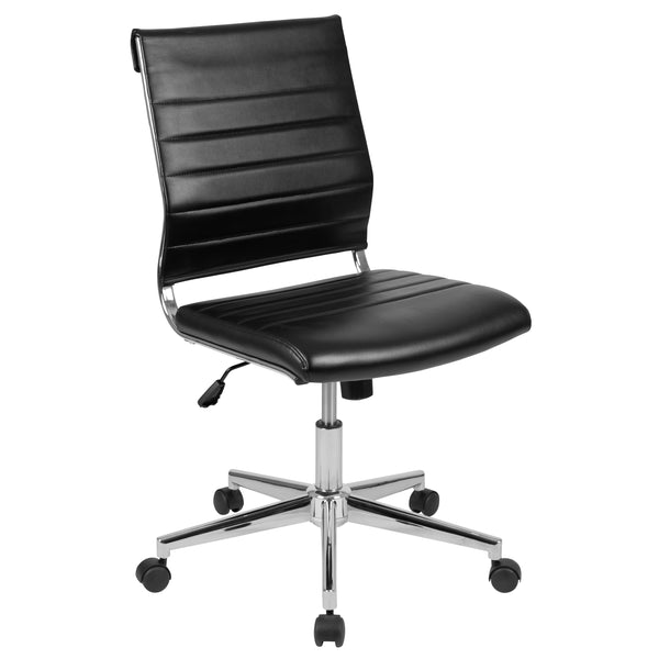 Black |#| Mid-Back Armless Black LeatherSoft Ribbed Executive Swivel Office Chair