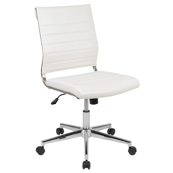 White |#| Mid-Back Armless White LeatherSoft Ribbed Executive Swivel Office Chair