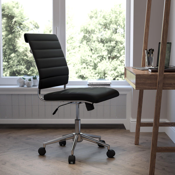 Black |#| Mid-Back Armless Black LeatherSoft Ribbed Executive Swivel Office Chair