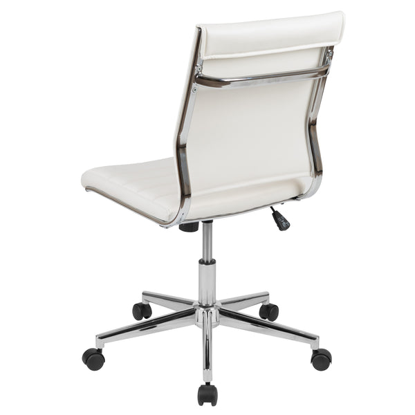 White |#| Mid-Back Armless White LeatherSoft Ribbed Executive Swivel Office Chair