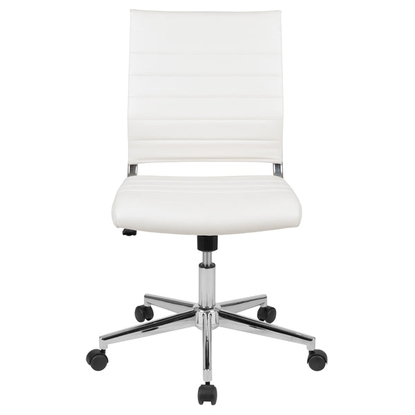 White |#| Mid-Back Armless White LeatherSoft Ribbed Executive Swivel Office Chair
