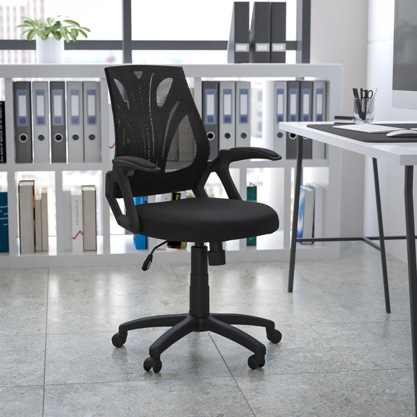 Black Mesh |#| Mid-Back Designer Black Mesh Swivel Task Office Chair with Open Arms