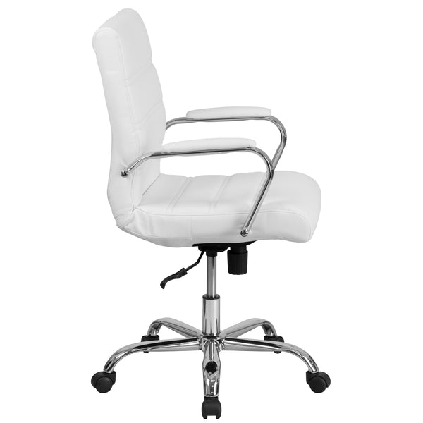 White LeatherSoft/Chrome Frame |#| Mid-Back White LeatherSoft Executive Swivel Office Chair with Chrome Frame/Arms