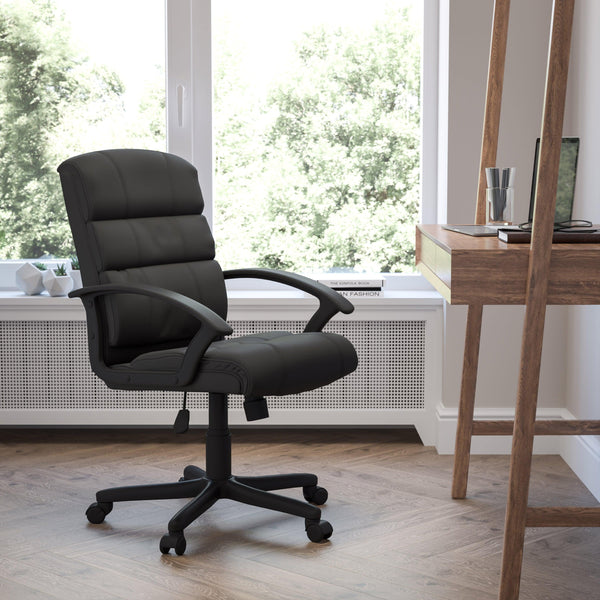 Mid-Back Black LeatherSoft Swivel Office Chair with Accent Divided Back and Arms