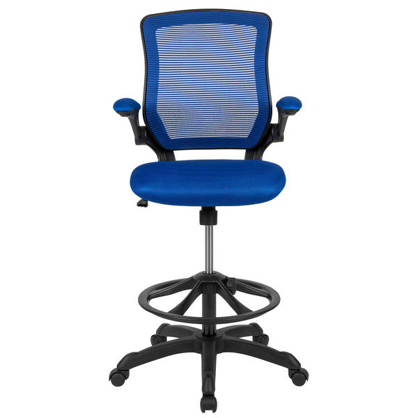 Blue |#| Mid-Back Blue Mesh Ergonomic Drafting Chair with Foot Ring and Flip-Up Arms