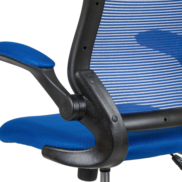 Blue |#| Mid-Back Blue Mesh Ergonomic Drafting Chair with Foot Ring and Flip-Up Arms