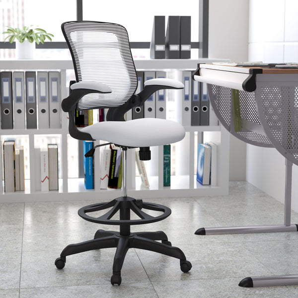 White |#| Mid-Back White Mesh Ergonomic Drafting Chair with Foot Ring and Flip-Up Arms