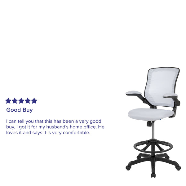 White |#| Mid-Back White Mesh Ergonomic Drafting Chair with Foot Ring and Flip-Up Arms