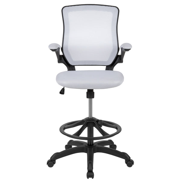 White |#| Mid-Back White Mesh Ergonomic Drafting Chair with Foot Ring and Flip-Up Arms