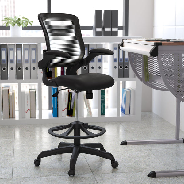 Black |#| Mid-Back Black Mesh Ergonomic Drafting Chair with Foot Ring and Flip-Up Arms