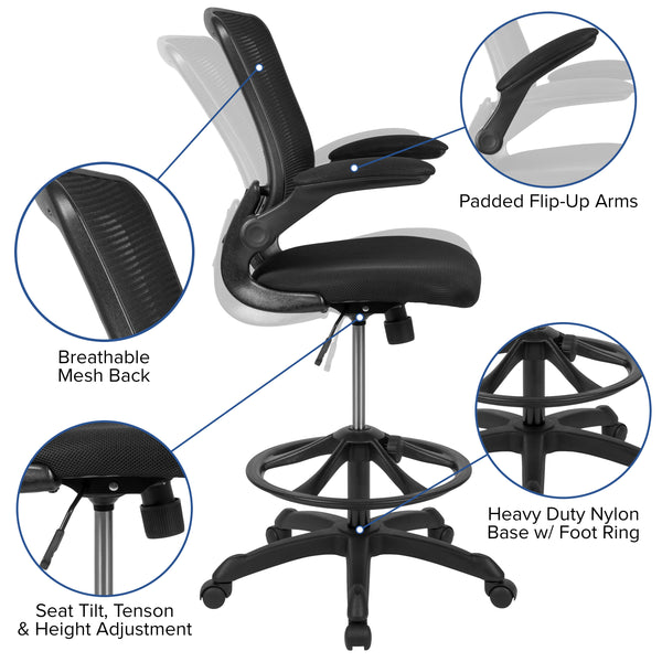 Black |#| Mid-Back Black Mesh Ergonomic Drafting Chair with Foot Ring and Flip-Up Arms