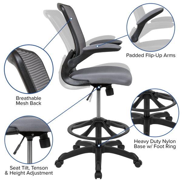 Dark Gray |#| Mid-Back Dark Gray Mesh Ergonomic Drafting Chair with Foot Ring and Flip-Up Arms