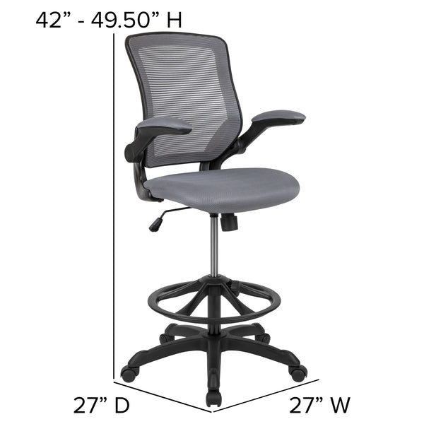 Dark Gray |#| Mid-Back Dark Gray Mesh Ergonomic Drafting Chair with Foot Ring and Flip-Up Arms