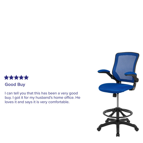 Blue |#| Mid-Back Blue Mesh Ergonomic Drafting Chair with Foot Ring and Flip-Up Arms