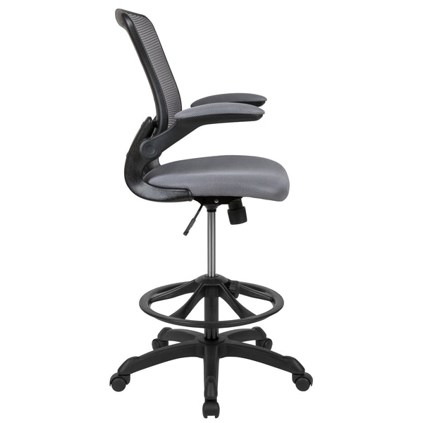 Dark Gray |#| Mid-Back Dark Gray Mesh Ergonomic Drafting Chair with Foot Ring and Flip-Up Arms