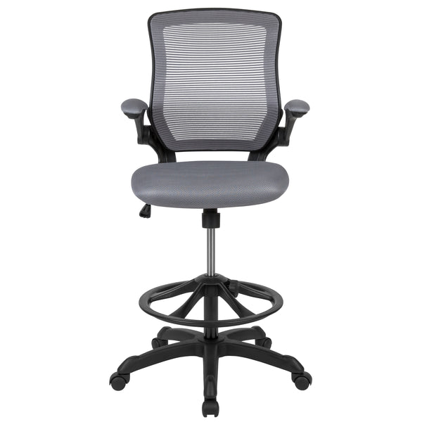 Dark Gray |#| Mid-Back Dark Gray Mesh Ergonomic Drafting Chair with Foot Ring and Flip-Up Arms