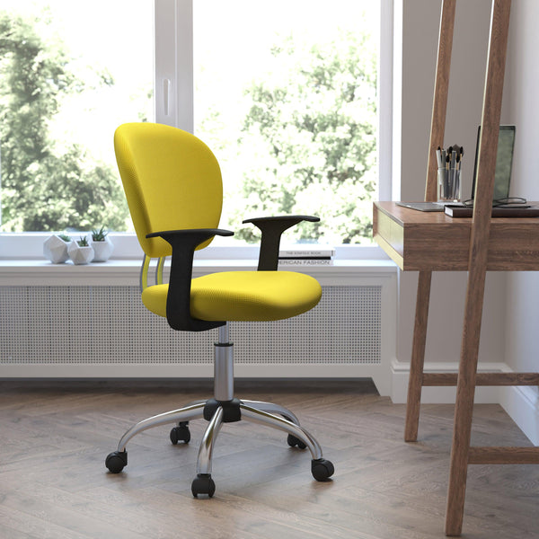 Yellow |#| Mid-Back Yellow Mesh Padded Swivel Task Office Chair with Chrome Base and Arms