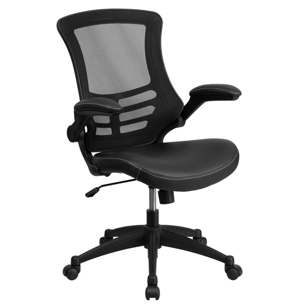 Black Mesh & LeatherSoft/Black Frame |#| Mid-Back Black Mesh Ergonomic Task Chair with LeatherSoft Seat and Flip-Up Arms