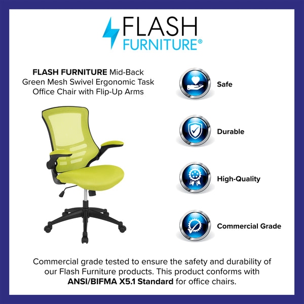 Green Mesh/Black Frame |#| Mid-Back Green Mesh Swivel Ergonomic Task Office Desk Chair with Flip-Up Arms