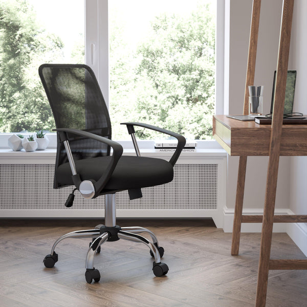 Mid-Back Black Mesh Swivel Task Office Chair with Lumbar Support Band and Arms