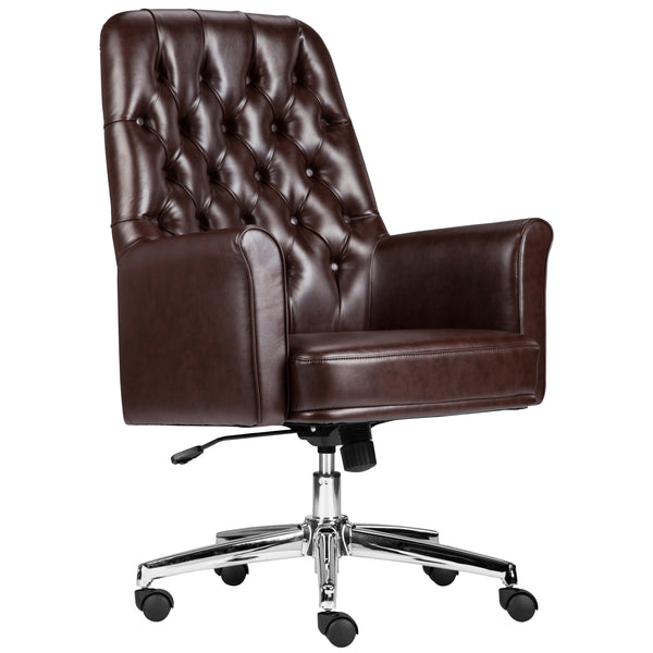 Brown |#| Mid-Back Traditional Tufted Brown LeatherSoft Executive Swivel Office Chair