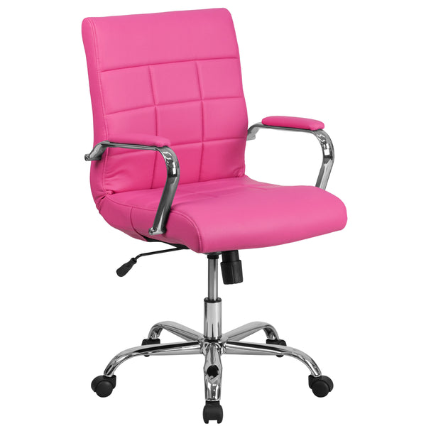 Pink |#| Mid-Back Pink Vinyl Executive Swivel Office Chair with Chrome Base and Arms
