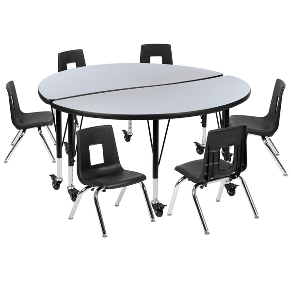Grey |#| Mobile 47.5inch Circle Wave Activity Table Set-12inch Student Stack Chairs, Grey/Black